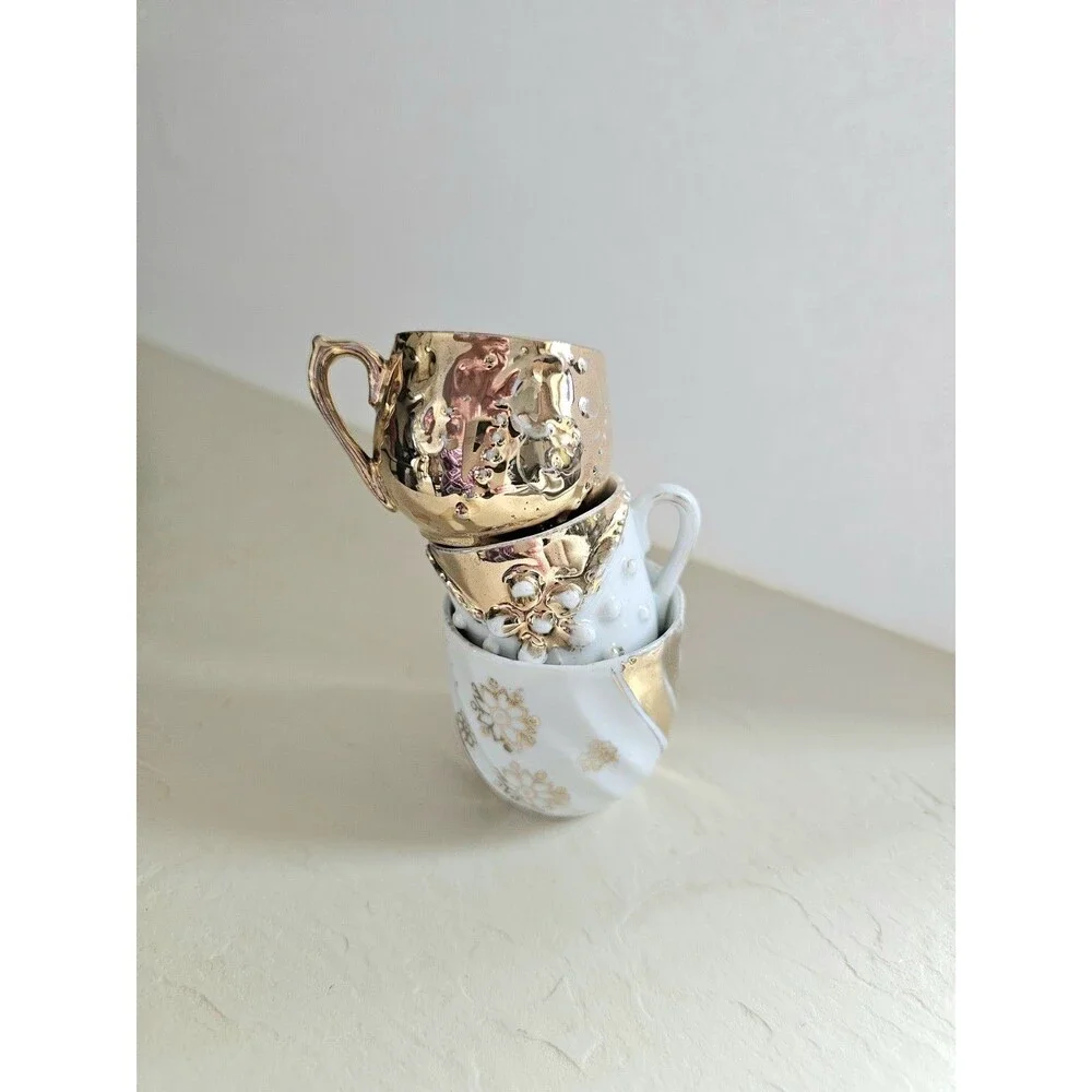 3 Miniature Tea Cups With Gold Details
